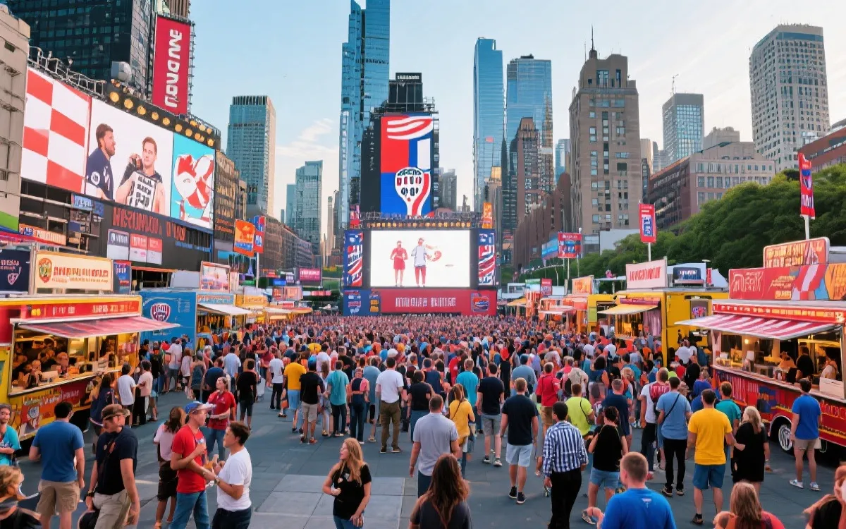 北美球迷活动区大屏与餐车街区的热烈氛围