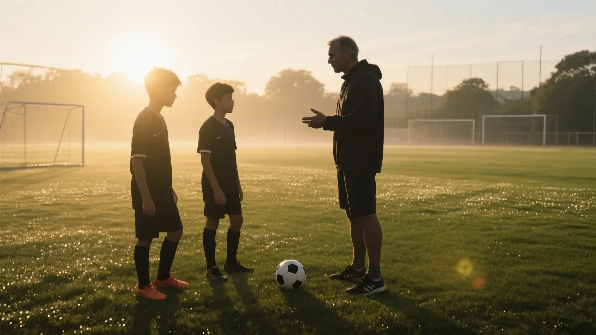 训练场上年轻球员与教练互动的清晨画面